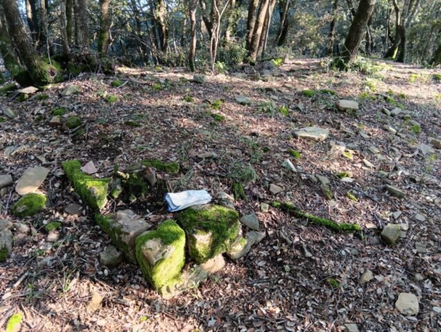 MONT-ROS, castell de -s. XII- restes de murs escadussers. El més visible és el fossat que encerclava el turó del castell, uns 60 mts més amunt de l'església (SANT JOAN LES FONTS) 30-12-2025